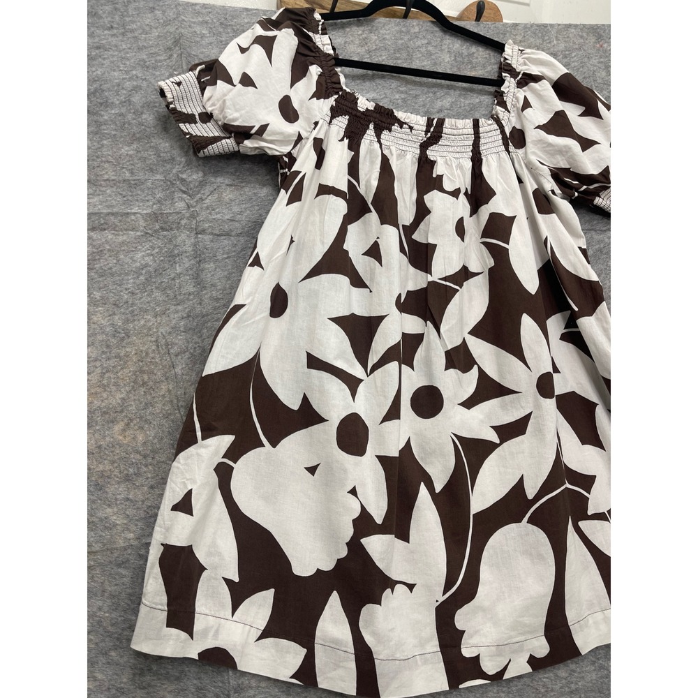 Free People Brown White Floral Smocked Puff Sleeve Mini Dress with Pockets - Picture 11 of 14